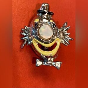Vintage 1960’s Pin Brooch Clown Silver Tone Enamel Mother Of Pearl Nose 1.25”